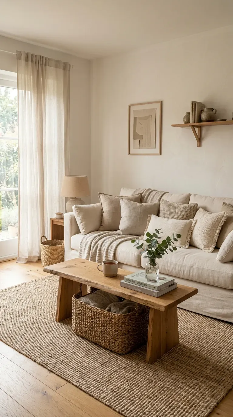 Warm living room with cream sofa and layered beige textiles