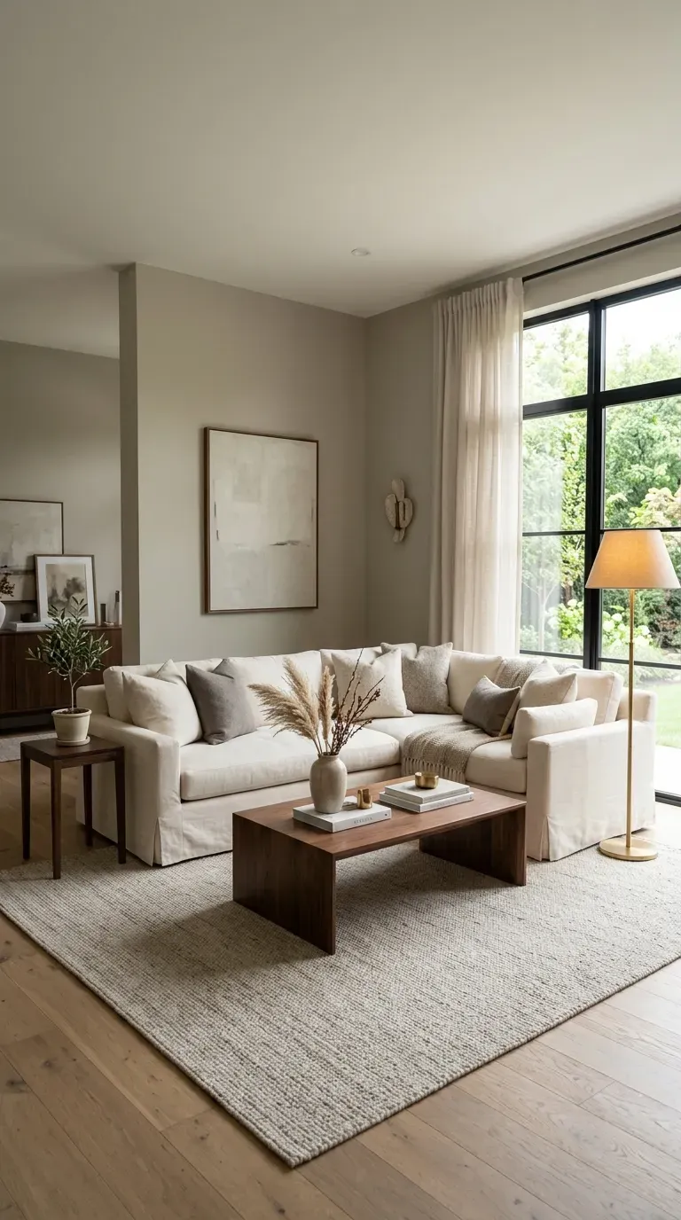 Sophisticated living room with greige walls and cream upholstery