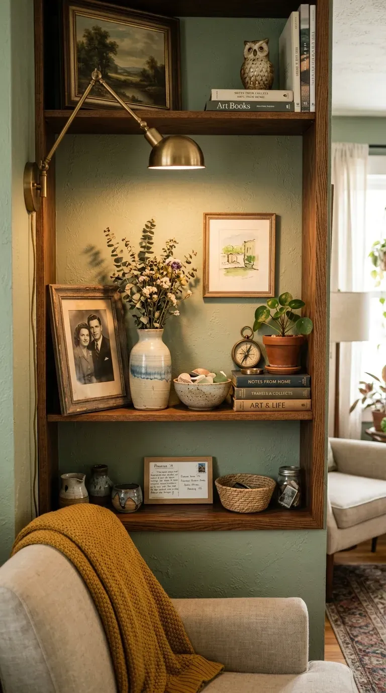 Curated display shelf with decorative objects in corner