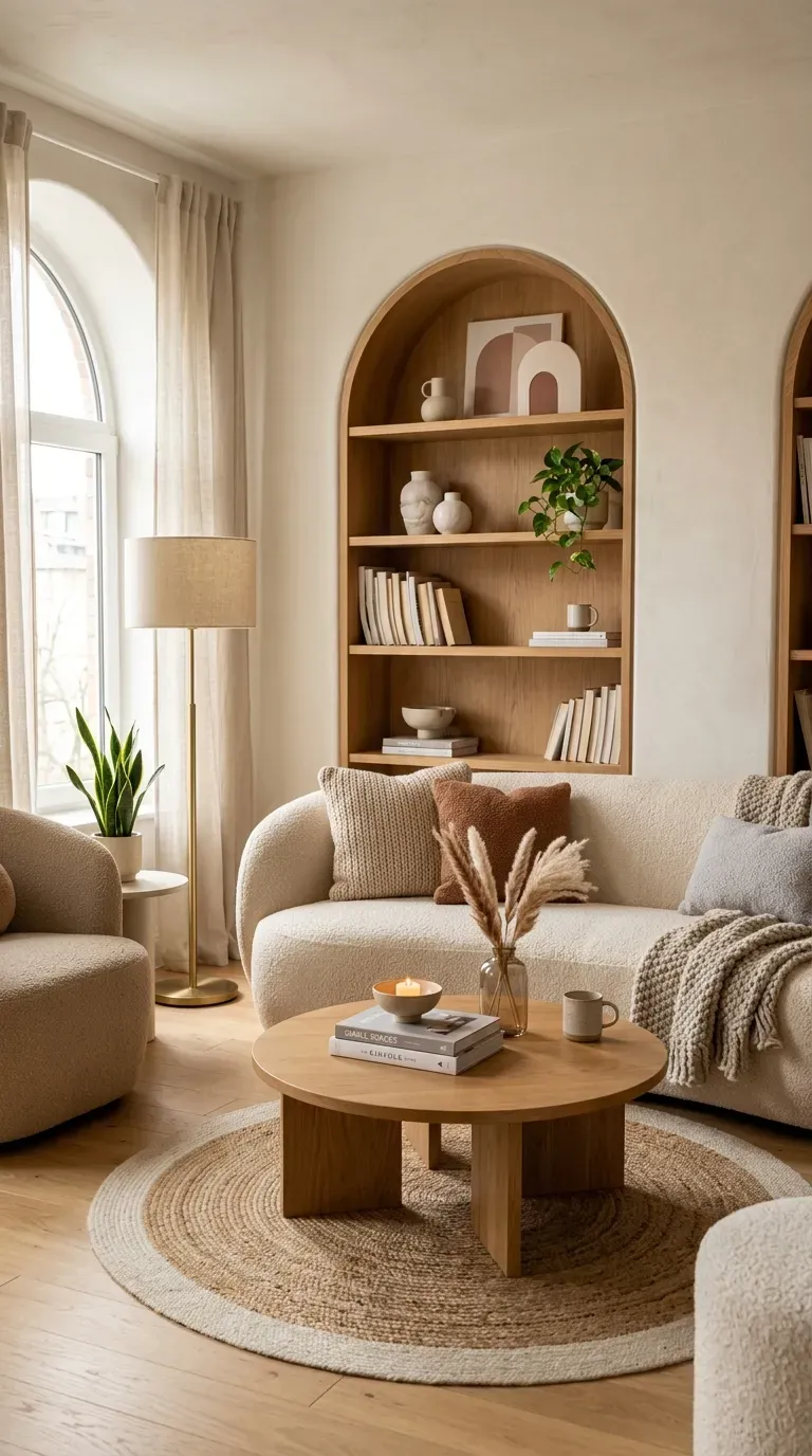 Cozy living room with curved sofa and rounded furniture