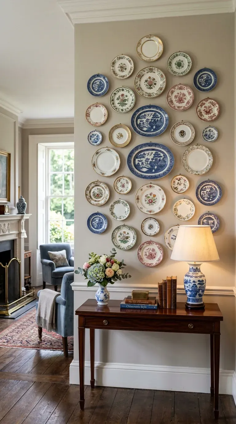Living room wall with decorative plates arranged in gallery style