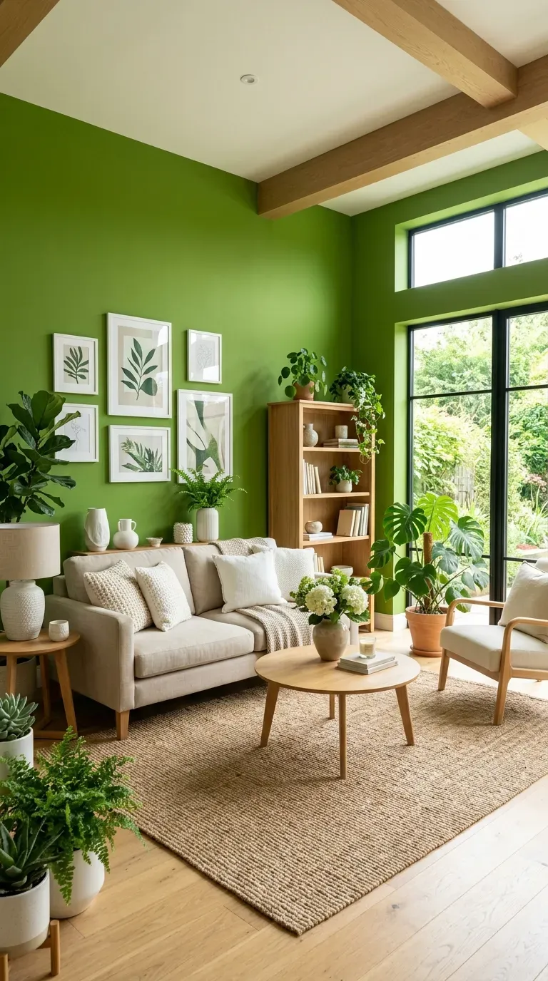 Dramatic living room with deep green walls and plum accent furniture