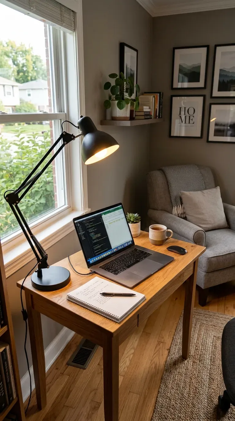 Home office corner in living room with functional desk lamp
