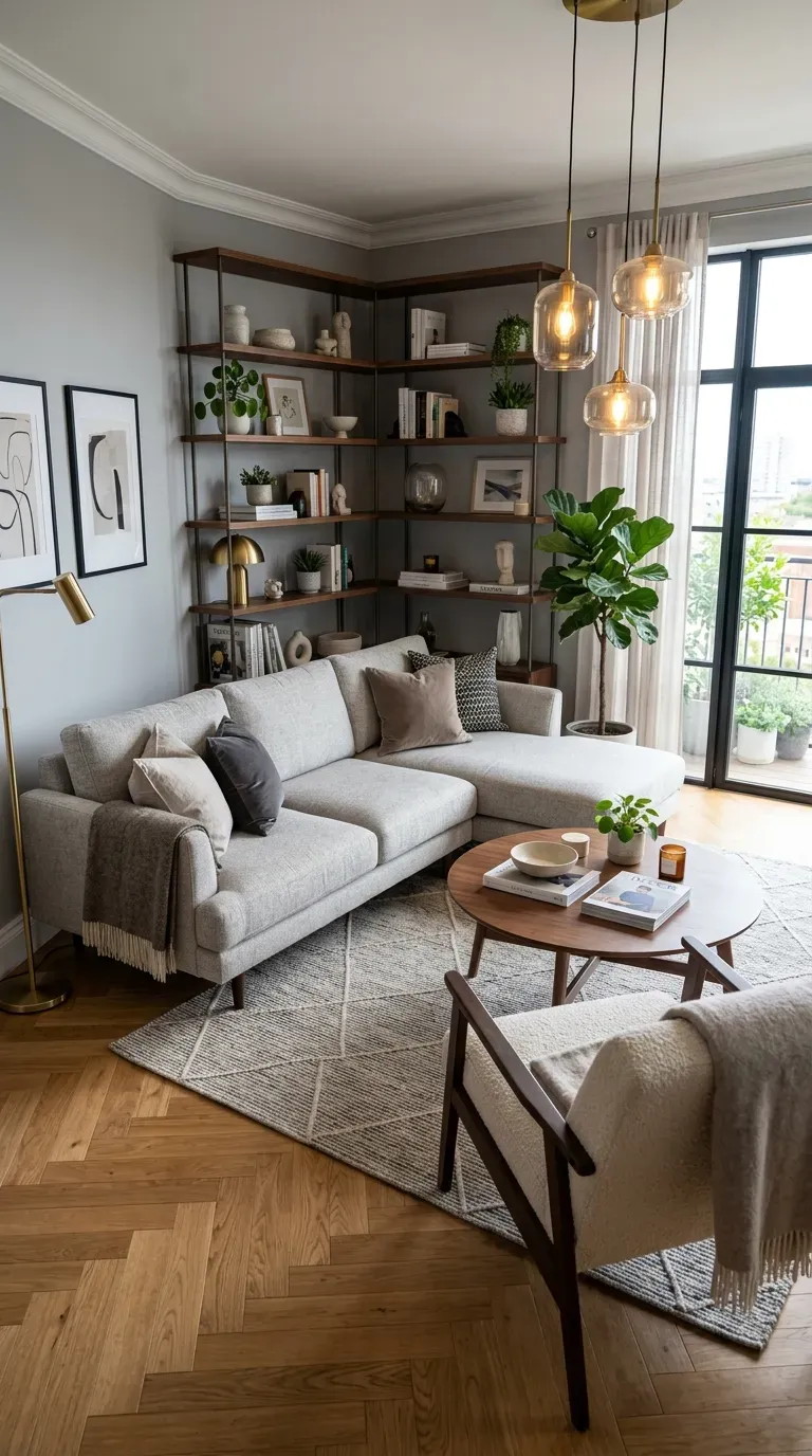Living room with sofa placed diagonally for visual interest and open corners