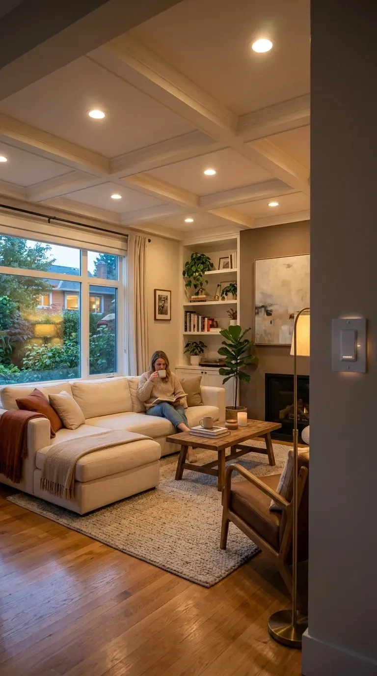 Living room with dimmable downlights creating adjustable ambiance