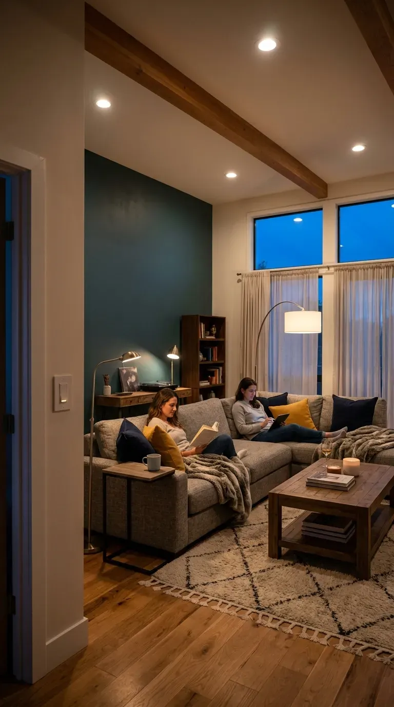 Living room with dimmable lighting creating flexible atmosphere