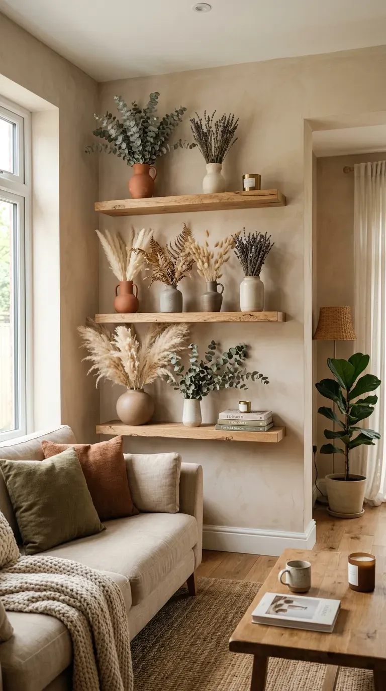 Living room wall with dried botanical arrangements