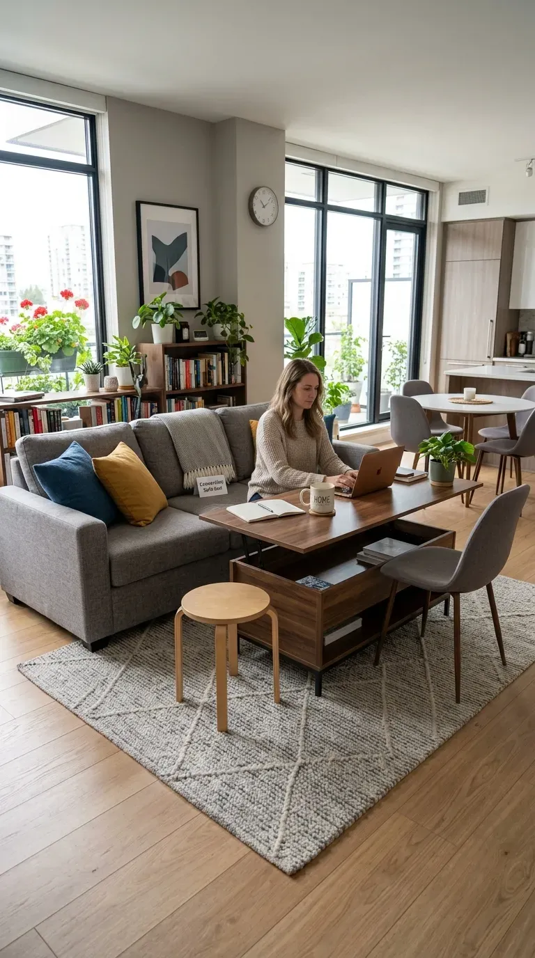 Multi-functional living room with storage ottoman and convertible furniture