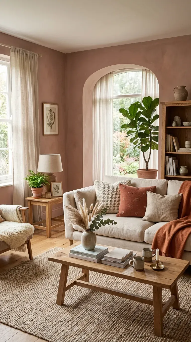 Warm dusky pink living room with natural wood and linen