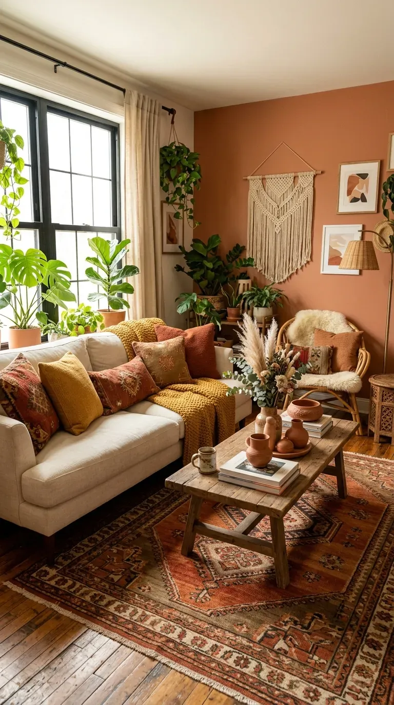 Warm boho living room with terracotta and mustard yellow accents