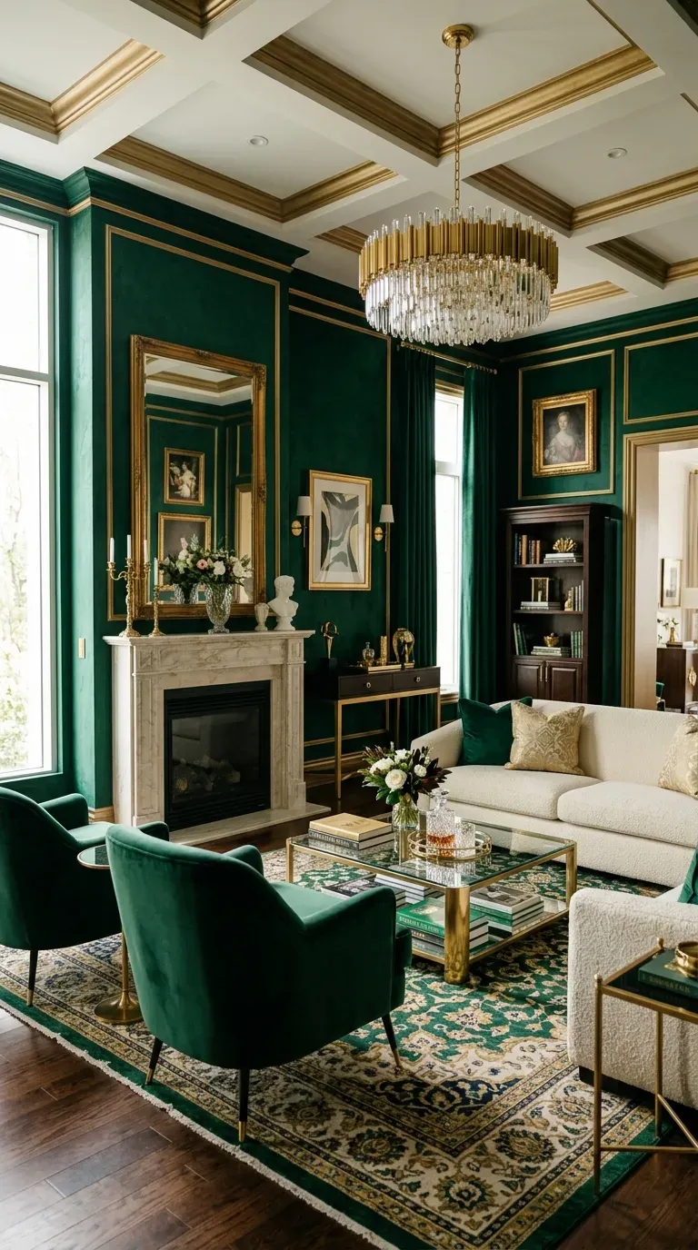 Luxurious living room with emerald green walls and gold accents