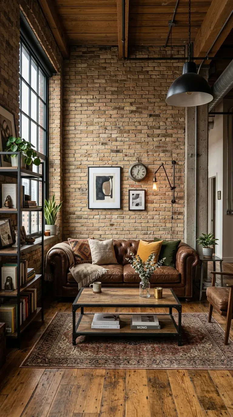 Industrial living room with exposed brick accent wall