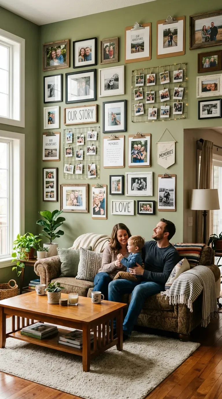 Living room wall with creative family photo display