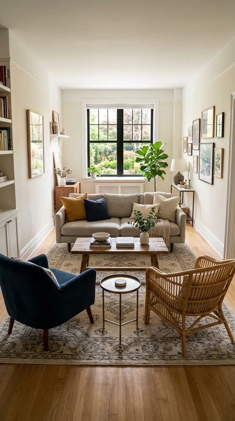 Sofa floated in center of narrow living room with walking space behind