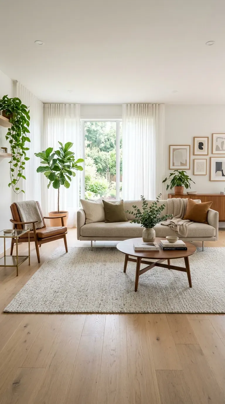 Modern living room with sofa placed away from wall creating open space behind