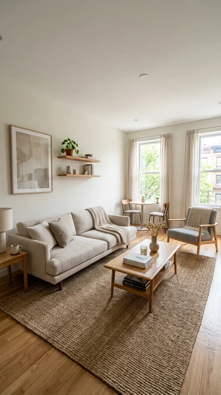 Small living room with sofa floating away from wall creating open pathway