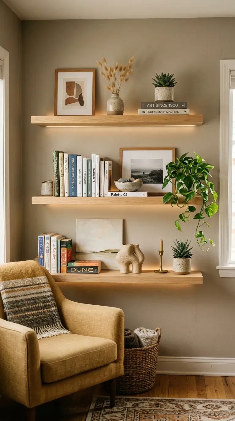 Corner with floating shelves displaying curated decor