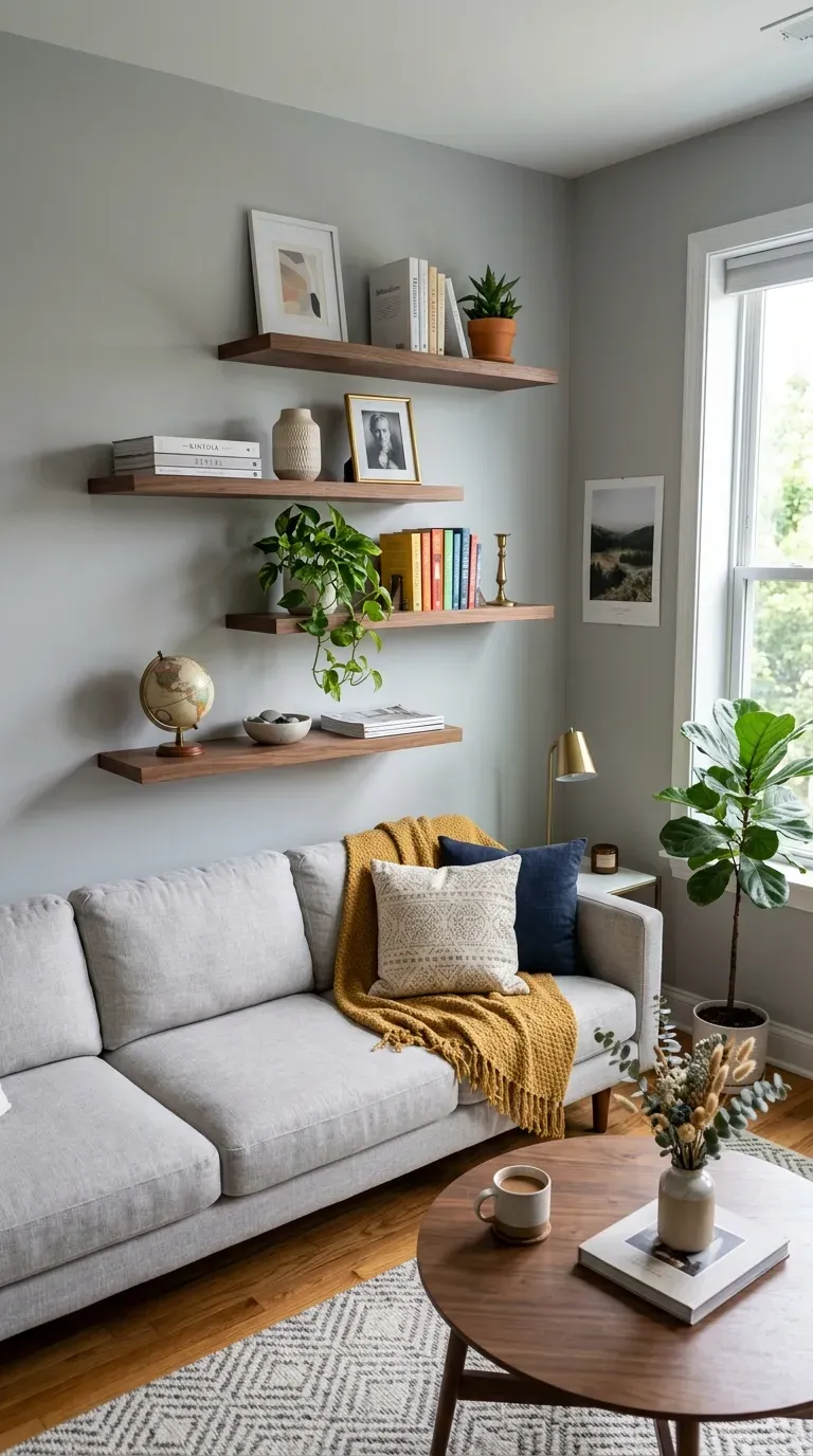Living room with floating shelves displaying decor and books above sofa