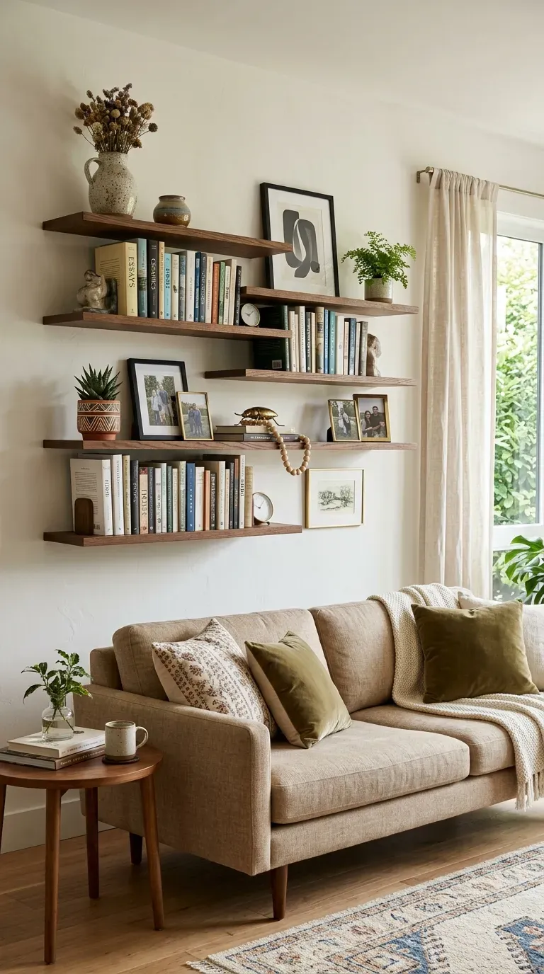 Living room with floating shelves displaying curated objects and books