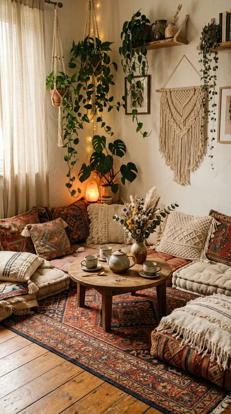 Bohemian corner with floor cushions and low table