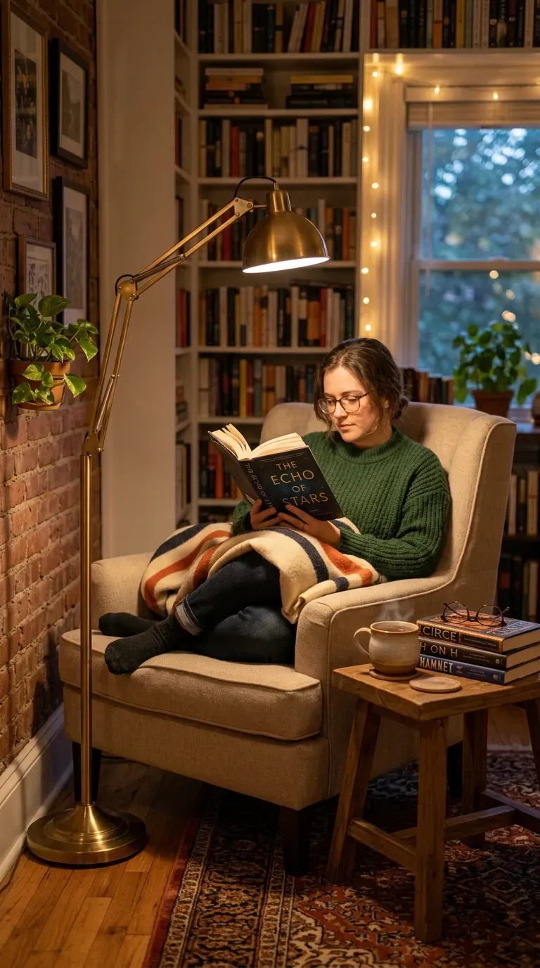 Cozy reading nook with adjustable floor lamp