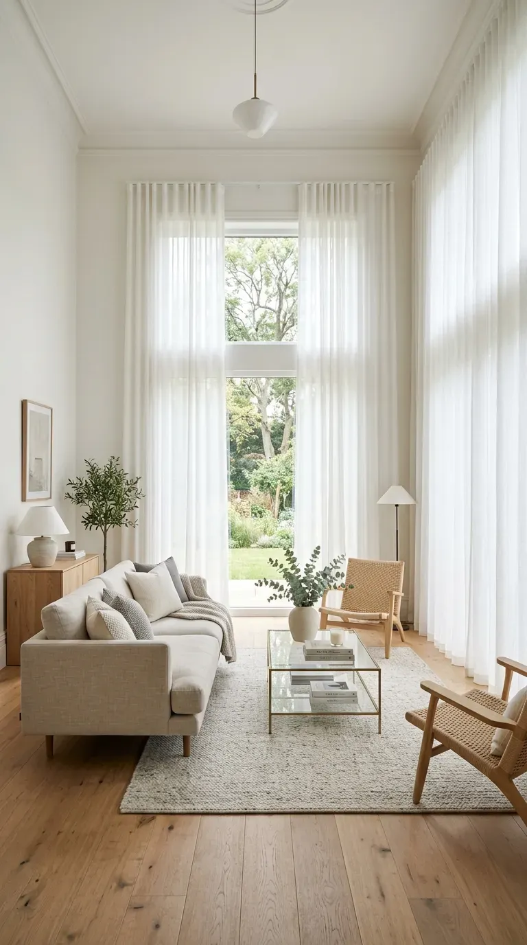 Living room with floor-to-ceiling curtains creating height illusion