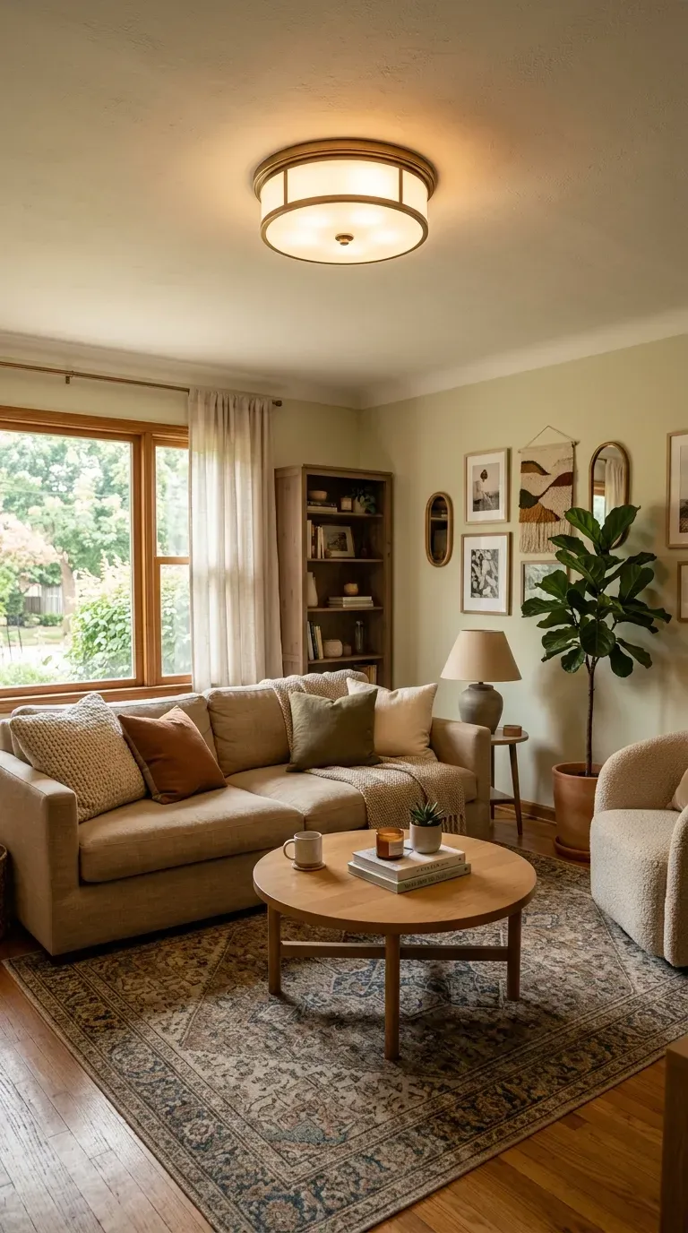 Cozy living room with flush-mount ceiling fixture