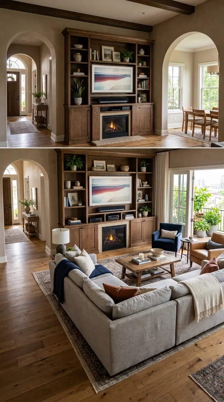 Living room with focal point anchor in room with many doors