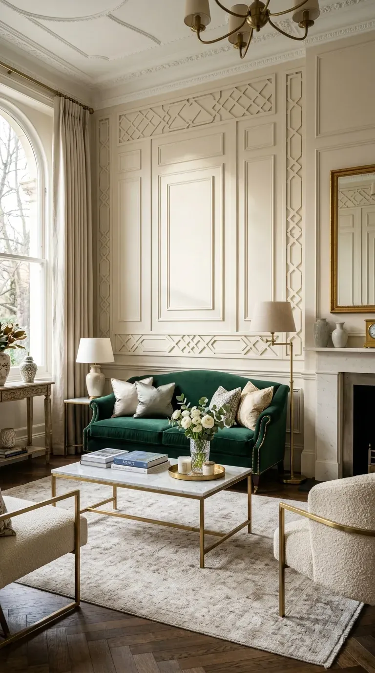 Elegant living room with fretwork paneling adding architectural interest
