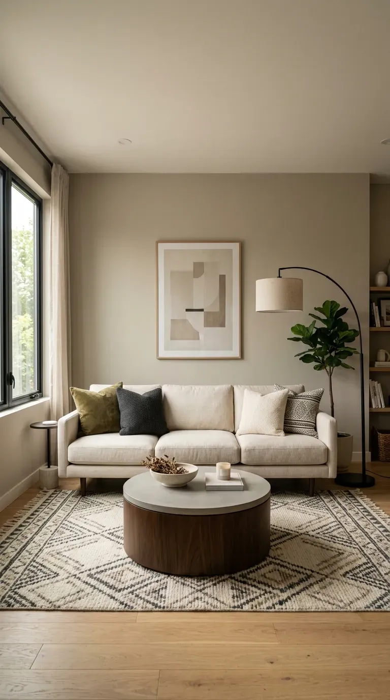 Living room with sofa and walls in harmonious neutral tones