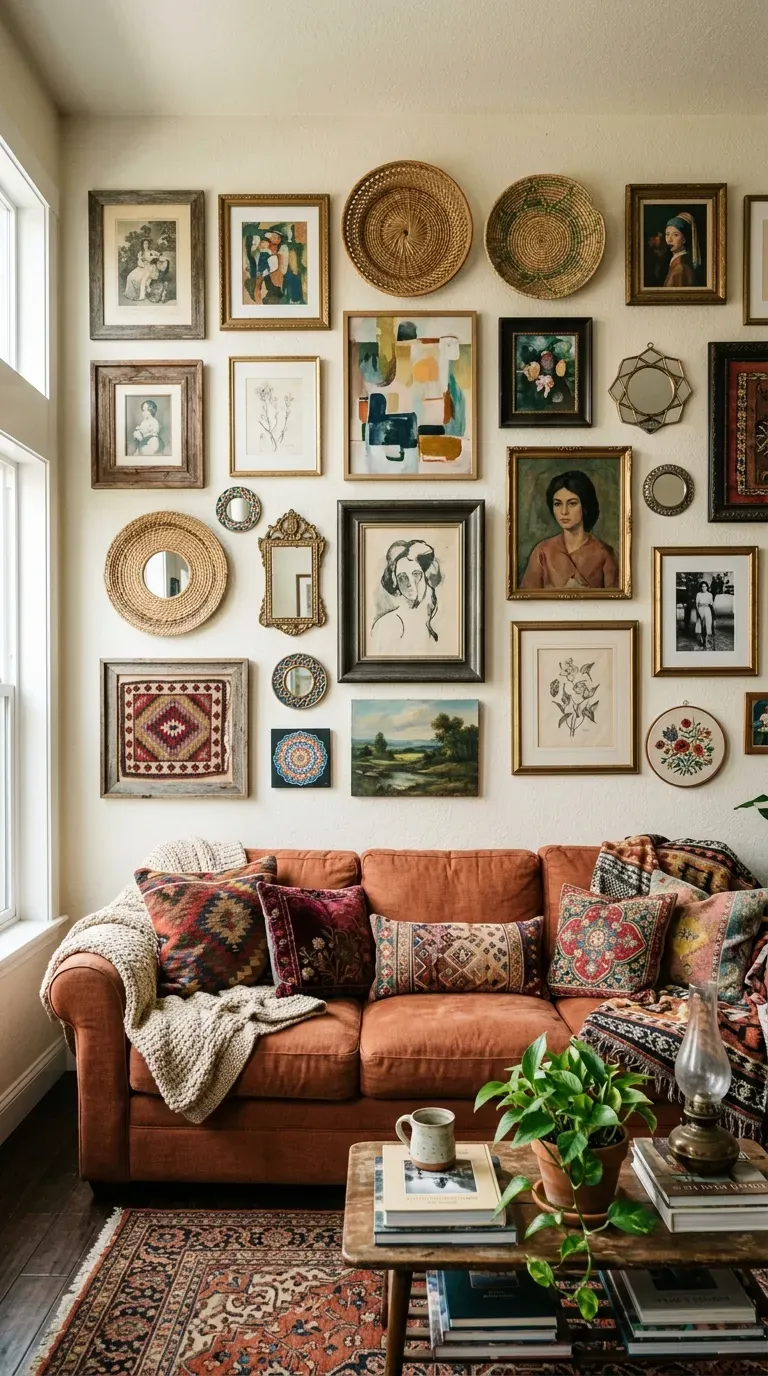 Boho living room with eclectic gallery wall of art and textiles