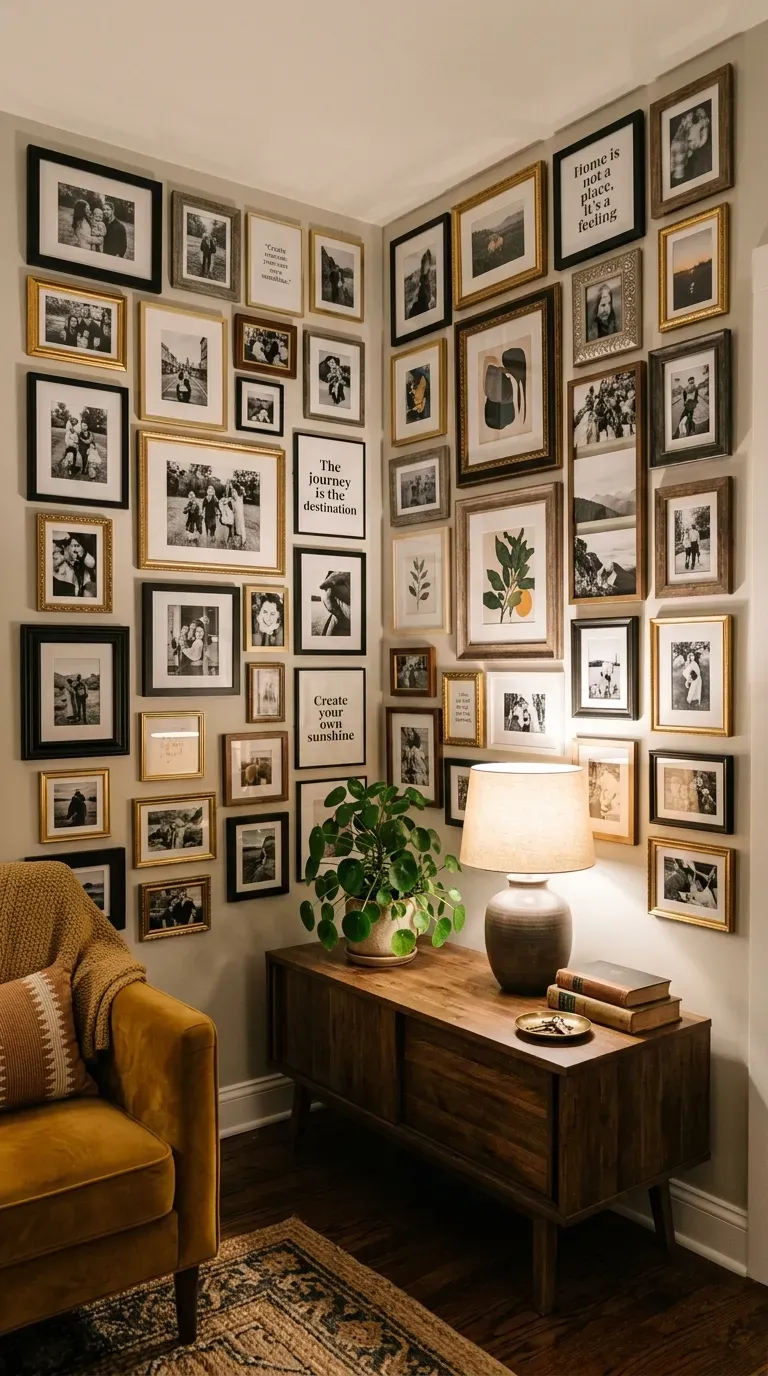 Gallery wall wrapping into living room corner