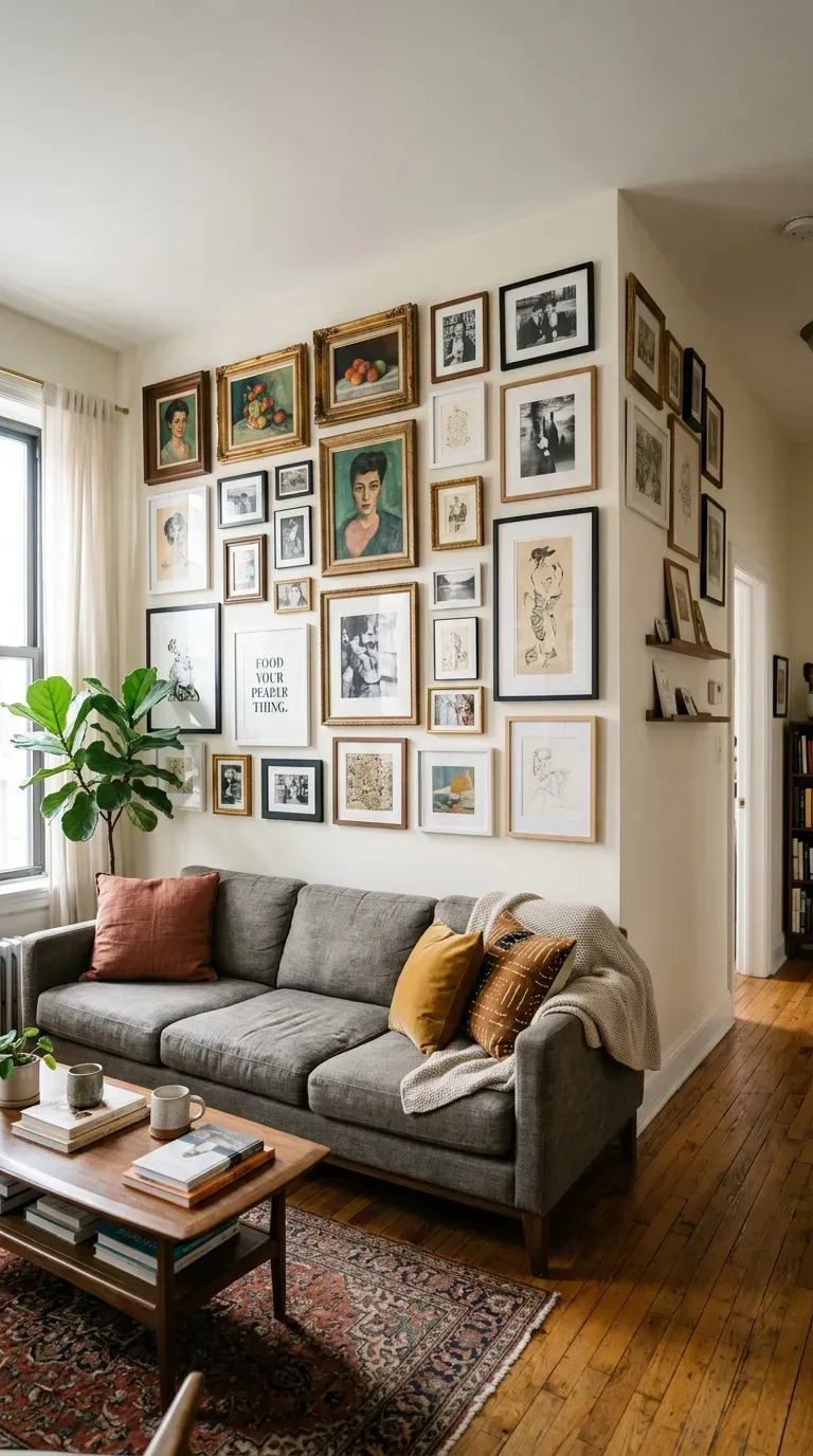 Gallery wall along long wall of narrow living room