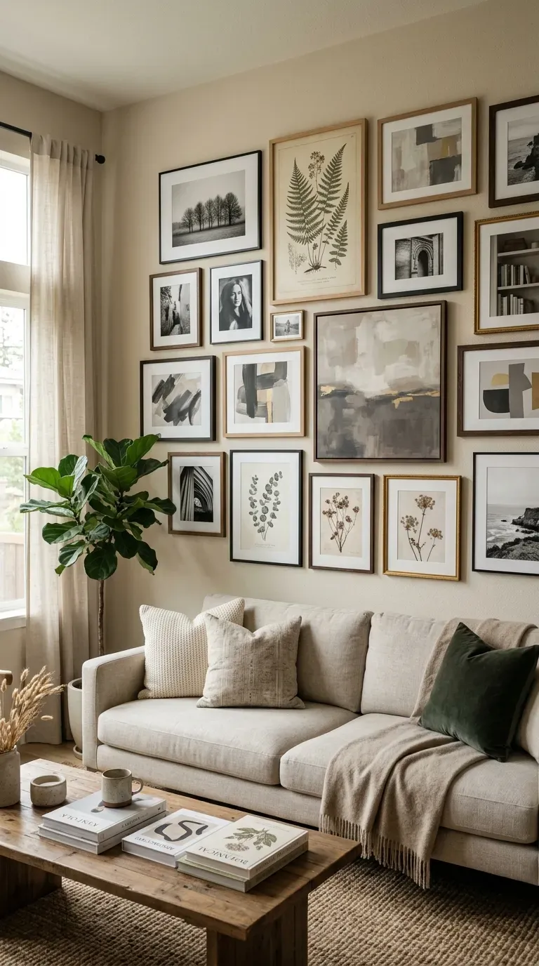 Neutral living room with curated gallery wall