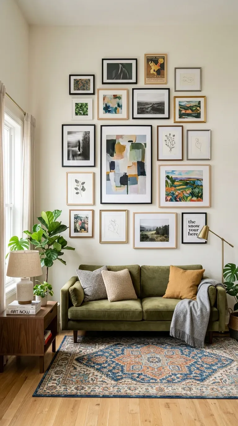 Living room with gallery wall creating vertical visual interest