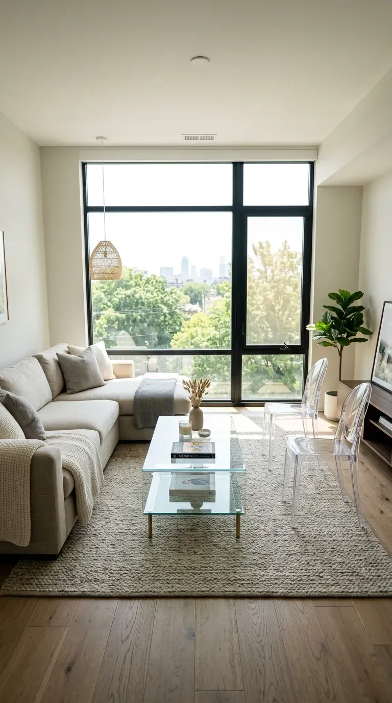 Living room with transparent glass coffee table and acrylic chairs
