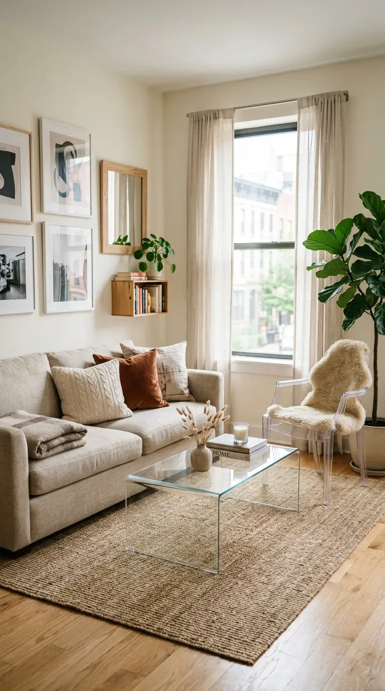 Small living room with glass coffee table and lucite chair