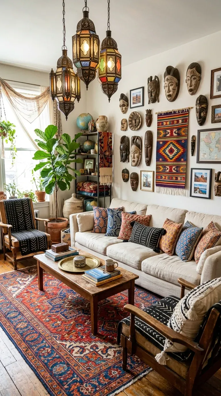 Boho living room with global-inspired textiles and souvenirs