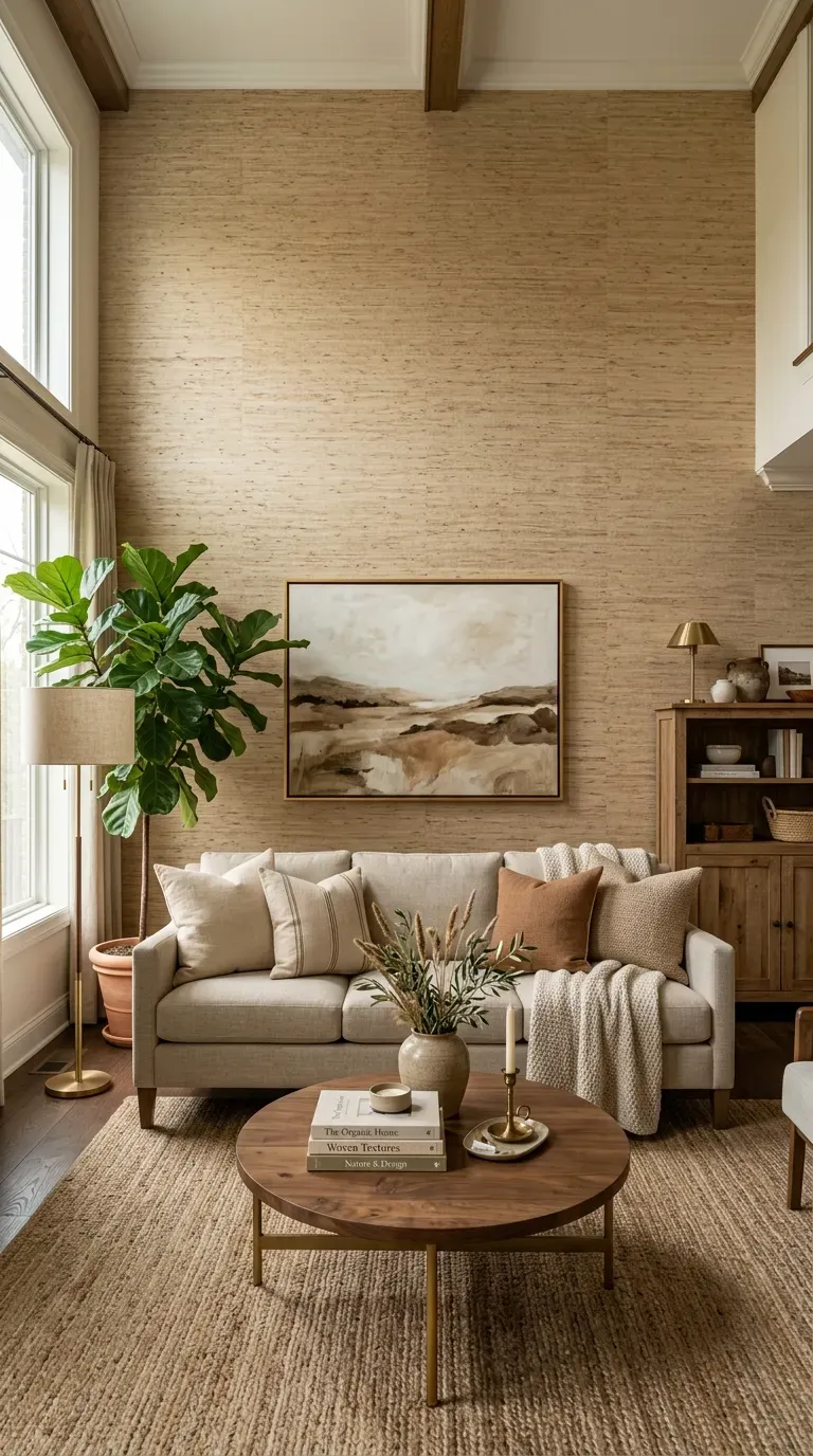 Living room with textured grasscloth wallpaper on accent wall