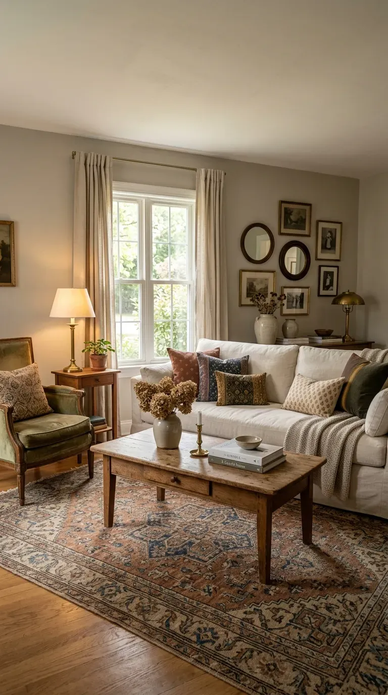 Warm gray-beige living room with patterned textiles and antiques