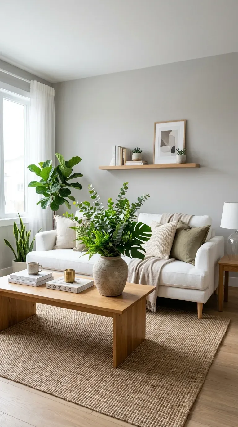 Neutral living room with large statement plant