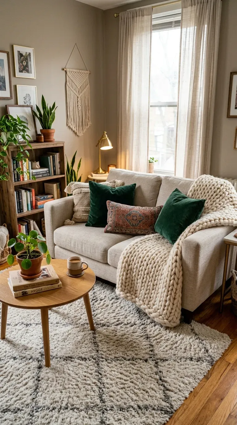 Small living room with tall plant adding vertical interest