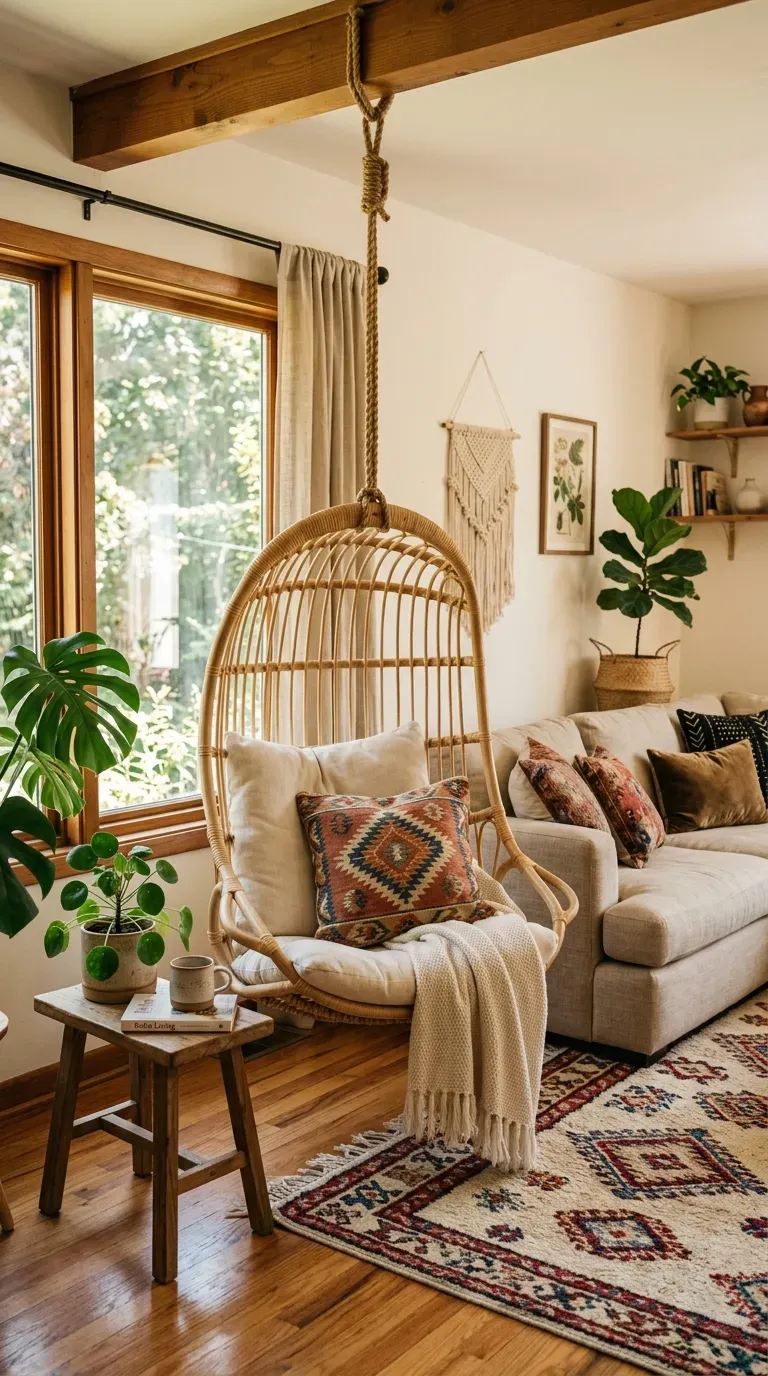 Boho living room with rattan hanging chair in cozy corner