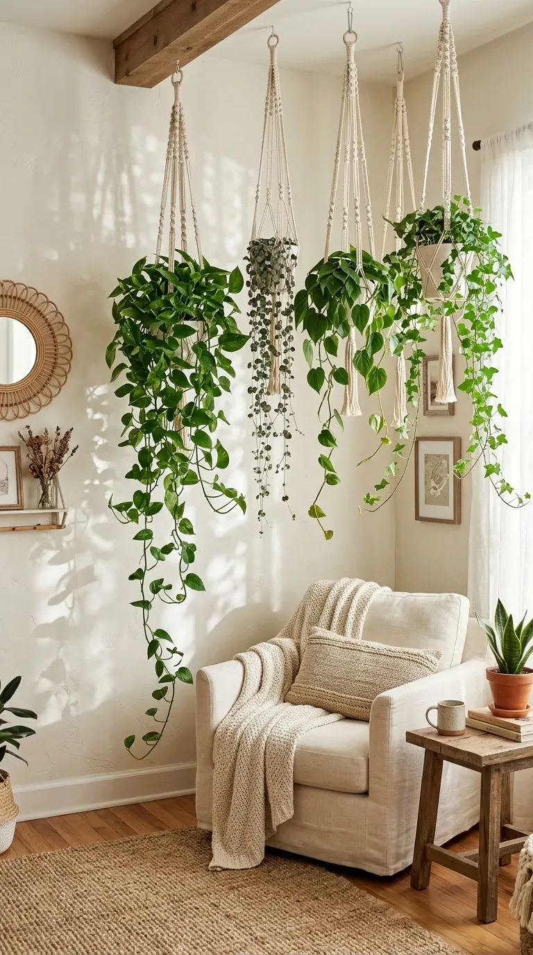 Living room with macramé hanging planters on wall