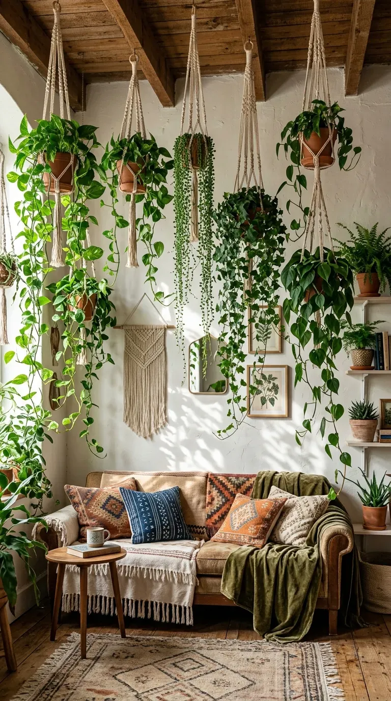 Boho living room with hanging trailing plants and macramé holders