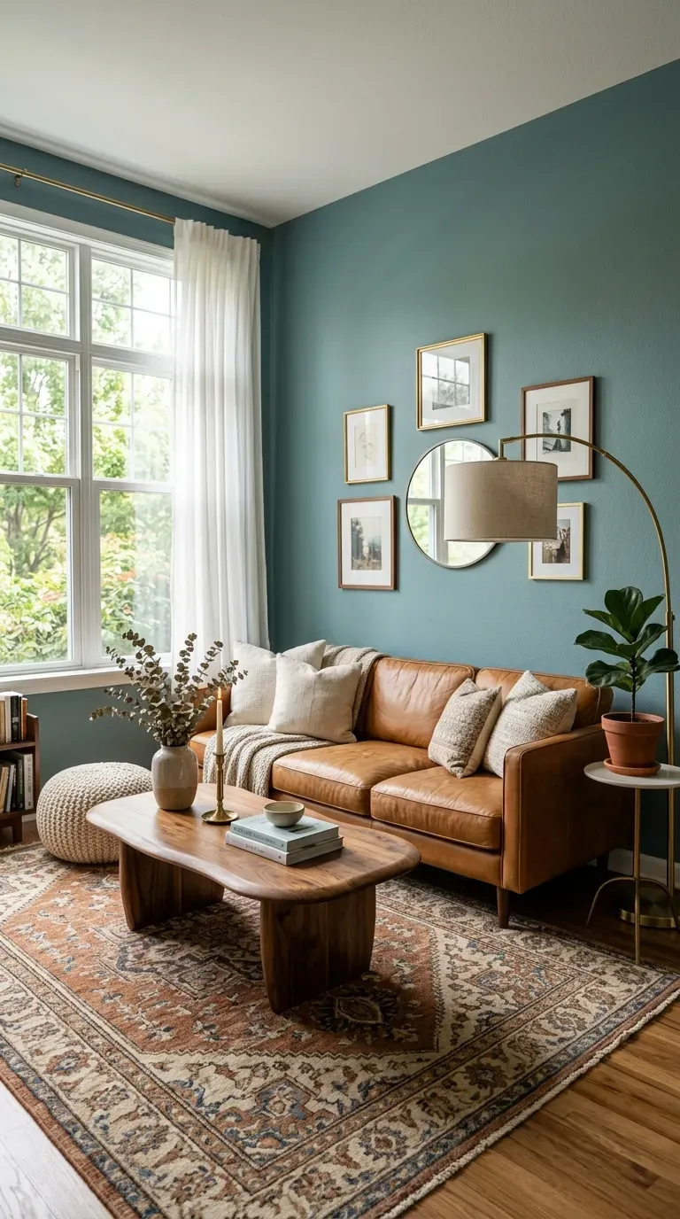 Calming living room with soft Harbor Haze blue walls