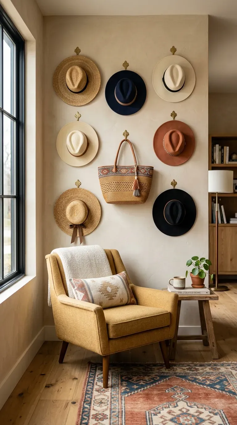 Living room wall displaying hats and accessories as decor