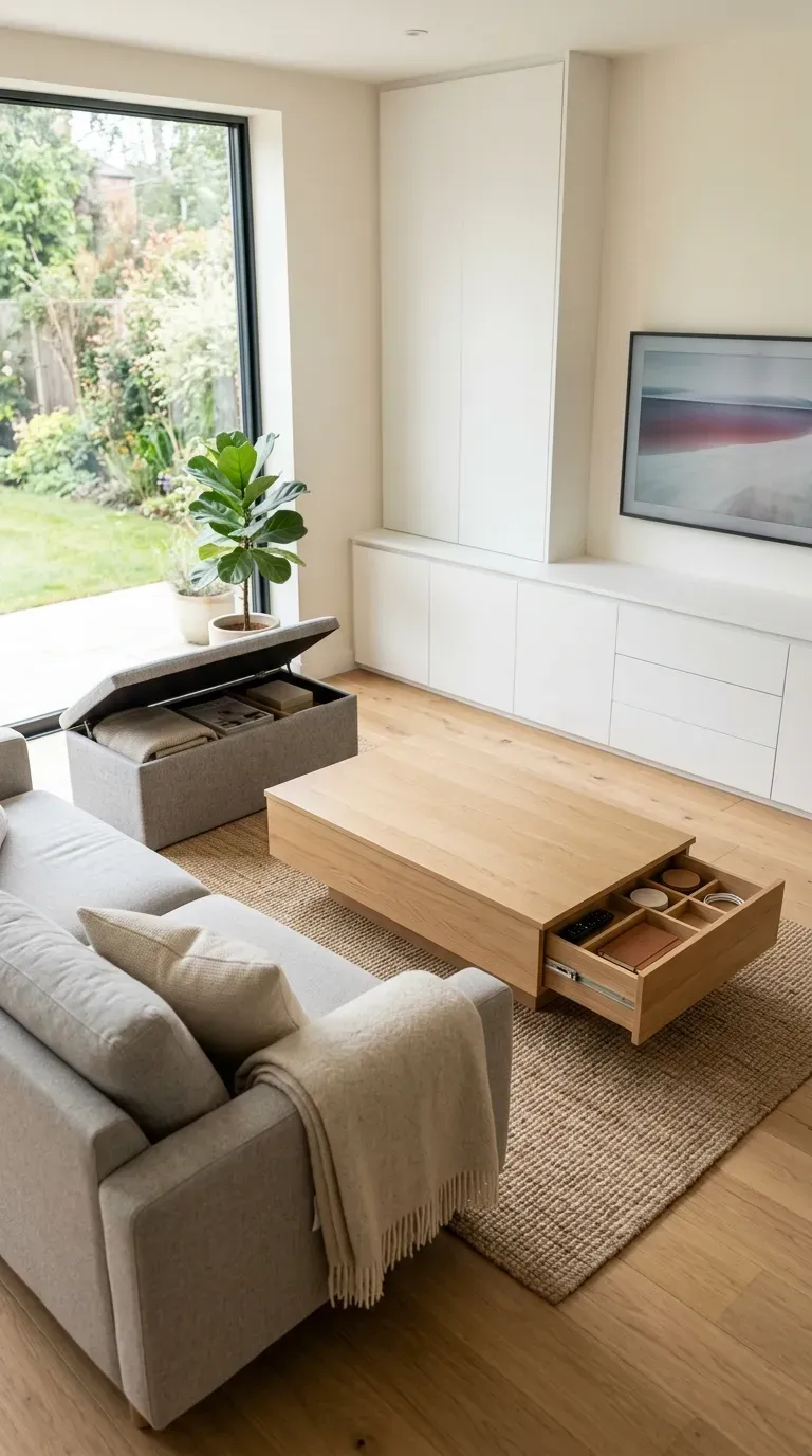 Clean minimalist living room with hidden storage solutions
