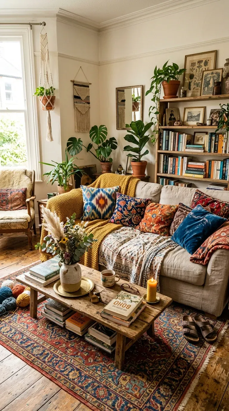 Lived-in boho living room with imperfect, authentic styling