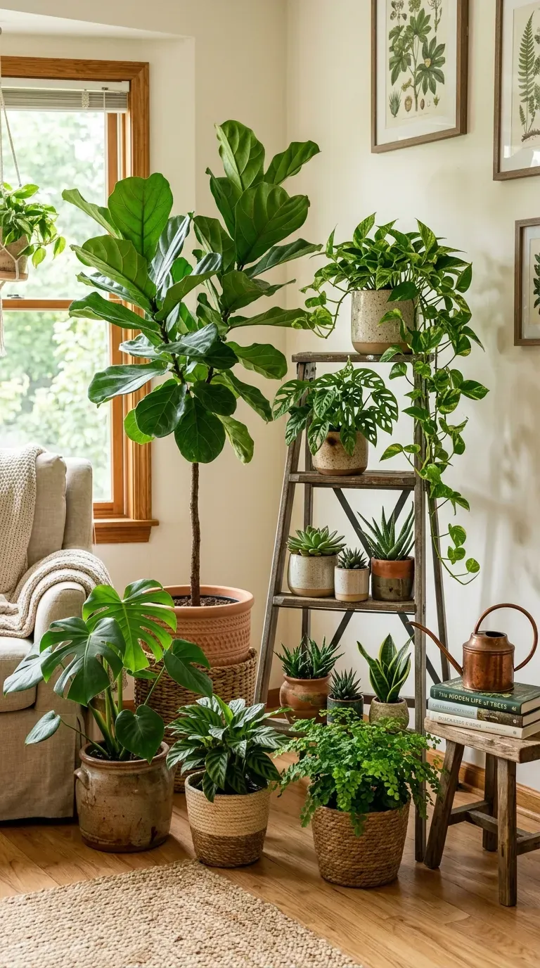 Living room corner with layered plants and planters